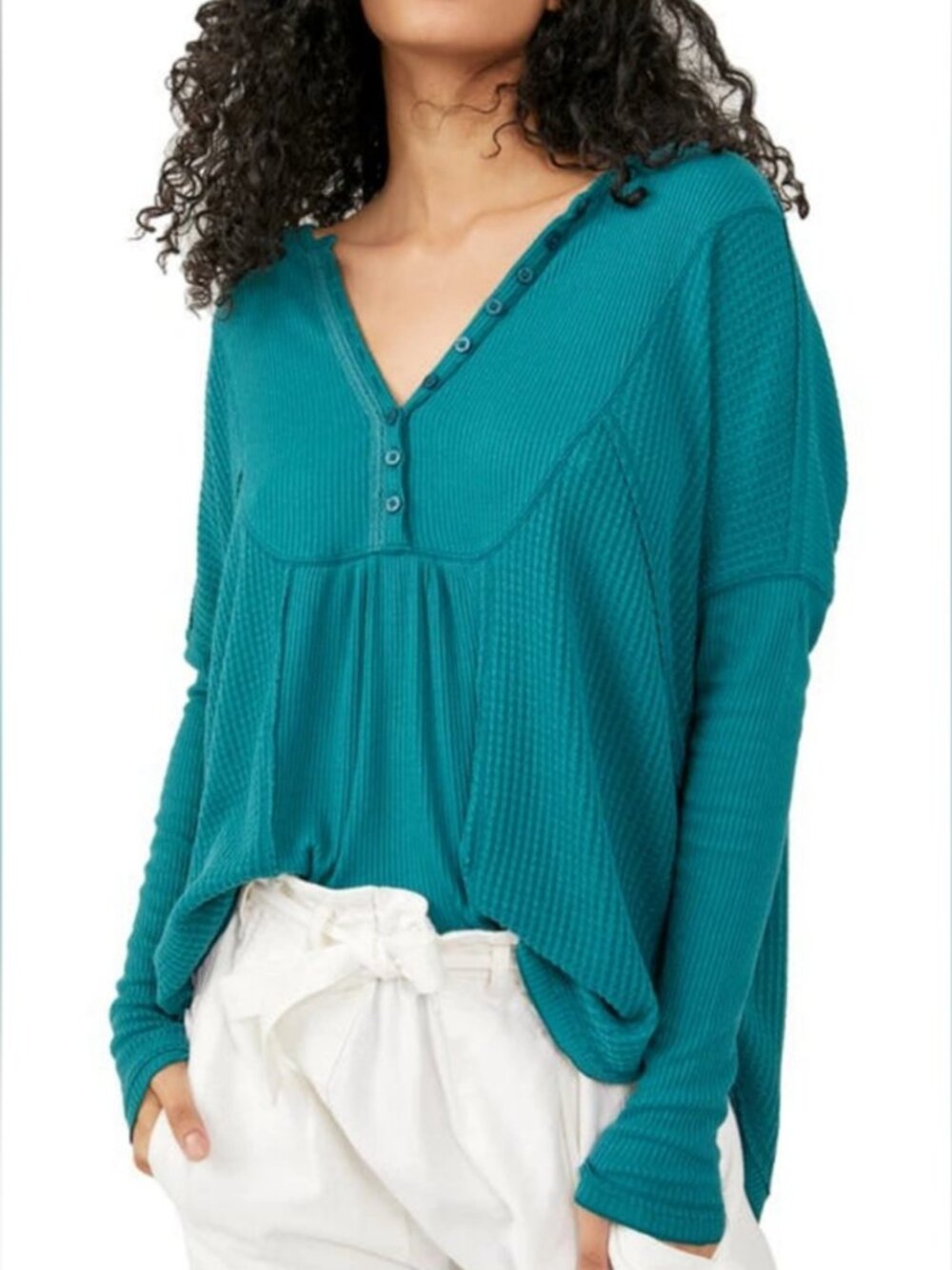 Free People Teal Leo Henley Thermal Top in Women's Large